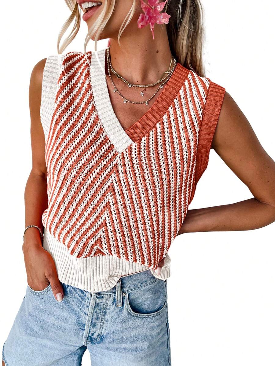 Acelitt Summer Orange Striped V-Neck Sleeveless Wool Knit Casual Vest For Women, Stylish And Fashionable Vacation - Coral Orange - View 1