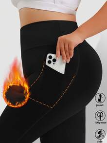 1pc Plus Size Thermal Lined Warm Yoga Leggings With Side Pockets, Autumn/Winter, For Outdoor Wear And Sports - Black - View 2