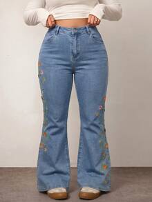 Plus Size Flared Jeans, Floral Embroidered Long Washed Denim Pants With Zipper And Pockets, Mid-Stretch, Suitable For Spring Fashion - Blue - View 5