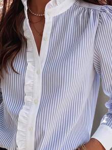 Women's Striped Ruffle Collar Puff Sleeve Long Sleeve Blouse, Fashion Stand Collar Top, Regular Length, Casual Autumn Collegiate Style - Blue + White - View 6