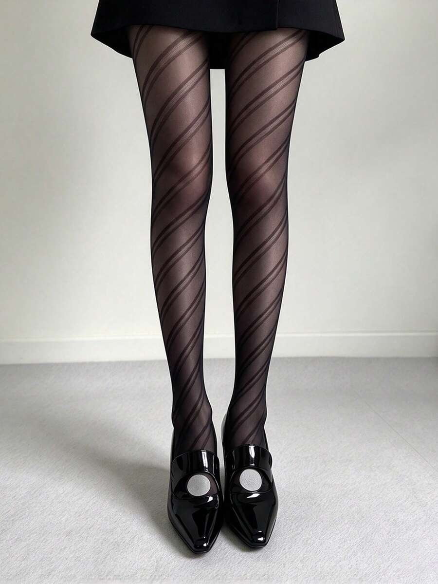 1 Pair Black Sheer Tights, Spiral Striped Pantyhose For Women Office ...