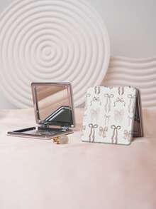 1PC Millennium Y2K Series Portable Vanity Mirror, Foldable Lightweight Ultra-Thin Convenient Hand Mirror, PU Leather, Suitable For Multiple Scenarios And All People, Foldable Small Square Mirror, Pocket Mirror, Cartoon Bow Cherry Plaid Print Pattern Design, Exquisite Handheld 180° Flip Cover Multi-Function - Multicolor - View 2