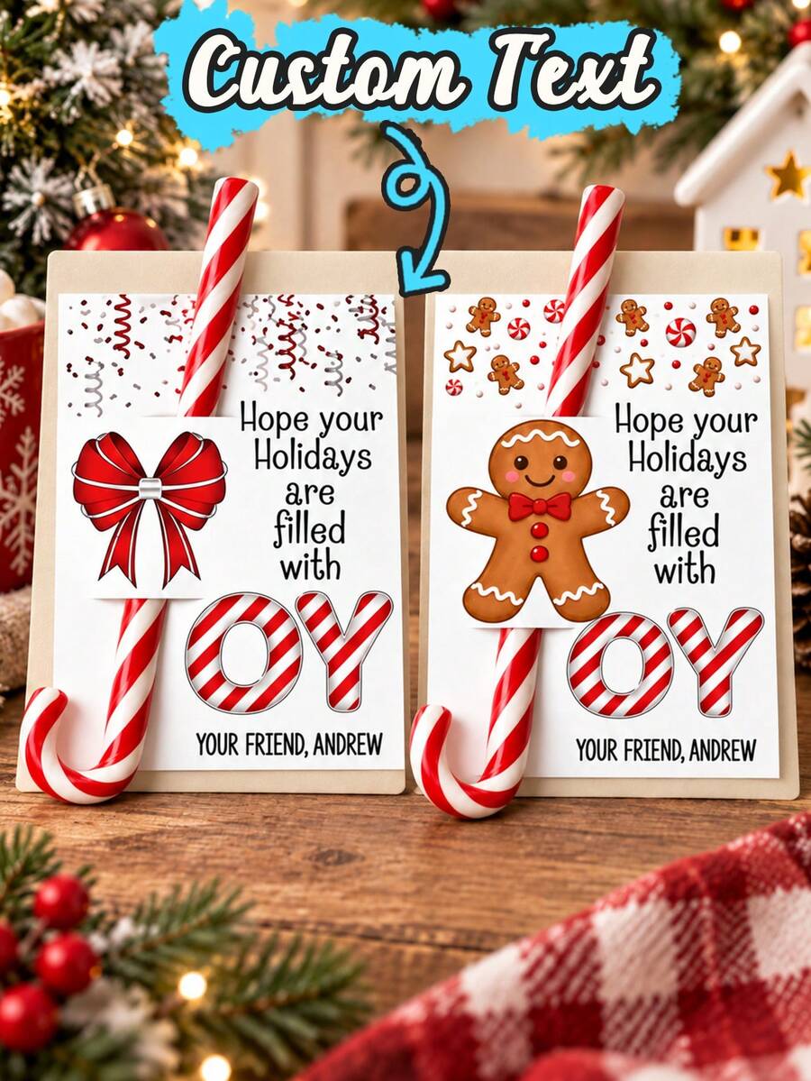 Custom Christmas Candy Cane Holder Cards, Personalized Holiday Greeting Cards With Gingerbread & Red Bow Designs, Festive Joy Gift Tags For Party Favors, Customized Message Cards, Customizable Text Christmas Gift Cards 2026, Candy Not Included - Multicolor - View 1