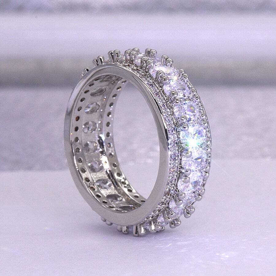 Light Luxury Classic White Gold Plated Full Circle Oval White Zirconia Inlaid Heavy Work Wedding Ring For Women - White Gold - View 1