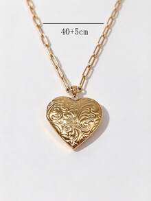 1pc Vintage Embossed Heart Locket Pendant, 18K Gold Stainless Steel Multi-Chain Openable Locket, Premium Versatile Women's Collarbone Necklace - Yellow Gold - View 8