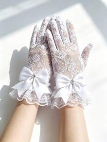 1 Pair New White Lace Bow Rhinestone Short Gloves, Bridal Wedding Ceremony Gloves, Lolita Ruffle Gloves - Lace Trim - View 2