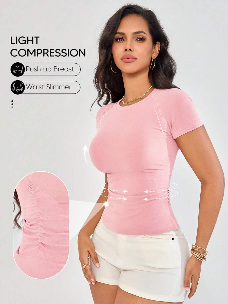 Suprenx 1pc Women's Ruched Waist Slim Fit Bamboo Fiber Short Sleeve Top, Comfortable Shaping T-Shirt - Baby Pink - View 1