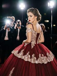 Light Luxury Burgundy & Gold Lace Off-Shoulder Puff Dress, Adult Party Dress, Birthday Party, Graduation Prom, Formal Evening Gown - Burgundy - View 4