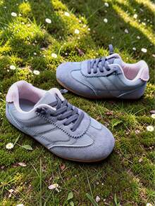 Pink Gray Low-Top Elastic Band Sneakers, Retro Colorblock Casual Shoes, Suede-Like Upper, Thin Rubber Sole - Dusty Blue - View 2