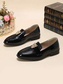 1 Pair New Boys' Leopard Head Decor Oxford Shoes, Fashionable Versatile British Style Shiny Formal Shoes Suitable For All Seasons - Black - View 3