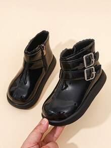 1 Pair Girls' Double Buckle Ankle Boots, Glossy PU, Round Toe, Flat Sole, Non-Slip, Inner Zipper Design, Sweet Cool Retro Princess Style, Short Boots, Suitable For Daily, Holiday, School, Party, Autumn/Winter New - Black - View 5
