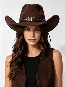 1pc Women Western Cowboy Hat, Bull Head Rivet Belt Decor Wide Brim Hat With Wind Rope, Vintage Cowgirl Hat For Daily Party - Top Hat - View 3