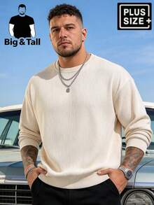 Men's Plus Size Extended Beige Ribbed Crew Neck Sweatshirt, Corduroy Knit Fabric, Long Sleeve Ribbed Cuffs, Suitable For Casual Sports Autumn Wear - Apricot - View 2