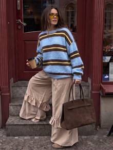 Comfortable Women's Striped Pullover Sweater, Light Blue Knit Long Sleeve Top, Suitable For Autumn/Winter Wear - Baby Blue - View 3