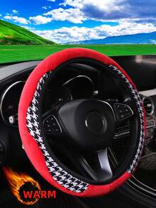 MEIKAXIU 1pc Winter Rabbit Fur Plush Soft Comfortable Non-Slip Car Steering Wheel Cover Without Inner Ring, Suitable For 15 Inch, Black & Red, Car Interior Accessory For Men & Women - Houndstooth Plush Style - View 7