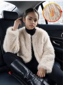 Girls Solid Color Pearl Decor Faux Fur Plush Cardigan Jacket, Autumn/Winter Young Girl Round Neck Thickened Fuzzy Top - Beige - View 2