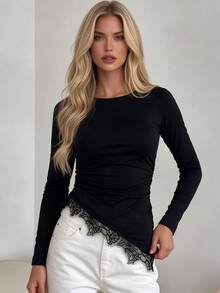 Women's Black Round Neck Long Sleeve Long Top, Asymmetrical Hem With Eyelash Lace Patchwork - Black - View 5