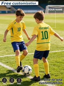 Children's Sports Jersey With Burn-Out Design, Customizable Name Football Uniform Set, #10 Star Player Style, Boys & Girls Short Sleeve & Shorts 2 Pieces Set - Yellow - View 5