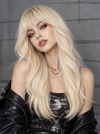 Topshe [Velvet Locks] 22 Inch Gold Synthetic Wig For Women, Soft Heat-Resistant Voluminous Layered Wavy Curls With Curtain Bangs, Suitable For Daily Wear, Nightclub, Music Festival, Cosplay, Women's Wig