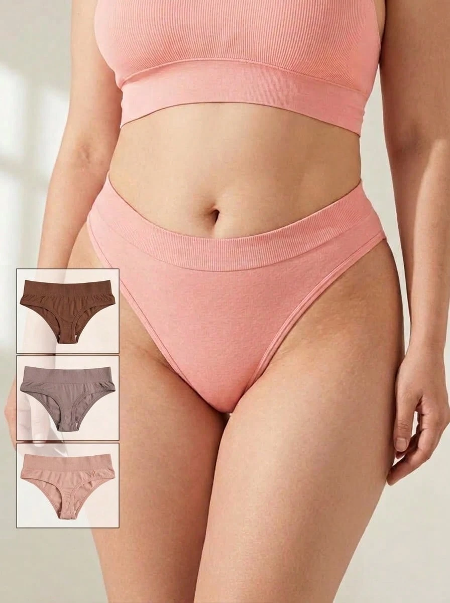 Rosiemei 3pcs Plus Size Women's Thong Panties, Comfortable Elastic Breathable Seamless Underwear, Sports Panties, Simple Solid Color