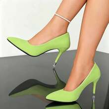 Women's Pointed Toe Stiletto High Heel Pumps, Embossed Glossy Upper With Decorative Toe Strap, Elegant Office Commute Party Formal Dress Shoes - Green - View 2