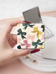 1PC Millennium Y2K Series Portable Vanity Mirror, Foldable Lightweight Ultra-Thin Convenient Hand Mirror, PU Leather, Suitable For Multiple Scenarios And All People, Foldable Small Square Mirror, Pocket Mirror, Cartoon Bow Cherry Plaid Print Pattern Design, Exquisite Handheld 180° Flip Cover Multi-Function - Multicolor - View 9