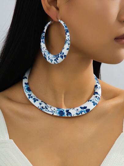 Women's Hoop Jewelry Set 1pc Fashion UV Printed Choker Necklace 1 Pair Flower Earrings