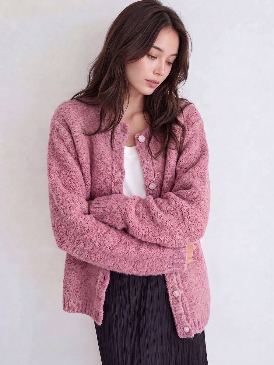 Women's New Autumn/Winter Pink Knitted Cardigan Jacket, Warm Round Neck Long Sleeve Button-Up Short Sweater - Pink - View 1