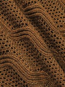 Autumn Brown Fringe Knit Poncho Cape For Women Wave Hollow Pattern Asymmetric Wrap Fall Clothes Elegant Casual Going Out Outfits - Brown - View 5