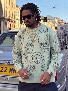 BLACKTOEXIT American Street Style Men's Crew Neck Sweater, Hand-Painted Portrait All-Over Print Jacquard, Loose Drop Shoulder Casual Knit Pullover - Green - View 5
