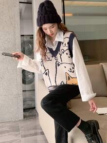Alicedudu Casual Cat Pattern V-Neck Pullover Sweater Vest, Autumn/Winter Spring - Multicolor - View 1