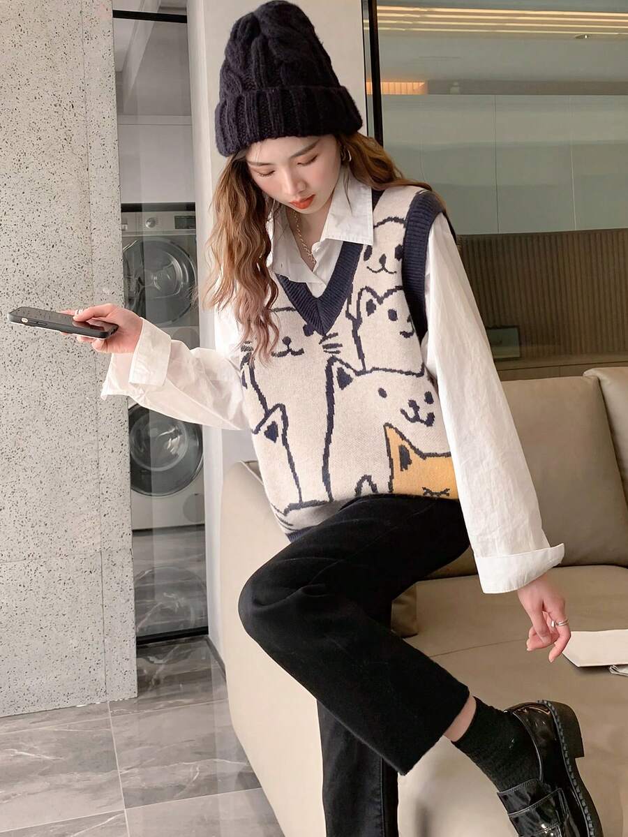 Alicedudu Casual Cat Pattern V-Neck Pullover Sweater Vest, Autumn/Winter Spring - Multicolor - View 1