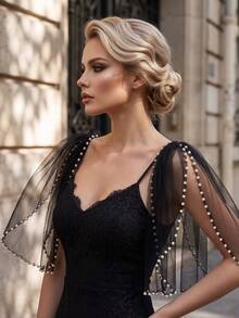 1 Pair Strapless Wedding Dress Shoulder Shawl, 5 Colors Available, Short Arm Cover Pearl Tulle Shoulder Decor With Safety Pin, Bridal Shoulder Accessory, Detachable Glittering Tulle - Double Shoulder Shawl - View 17