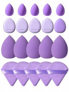 20 Pcs Purple Makeup Sponge Kit, 5 Large, 5 Small Beauty Sponges, 5 Triangular Puffs And 5 Finger Puffs. Different Shapes Fit Face, Corners And Detail Areas. Soft Elastic Material Is Gentle On Skin, Great For Daily Foundation And Concealer. - Multicolor - View 11