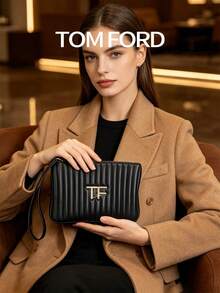 TOM FORD Quilted Cosmetic Pouch, Black Vertical Stitch Makeup Bag With Wrist Strap, Luxury Gold TF Logo Portable Zipper Toiletry Organizer For Beauty Essentials - Black - View 5