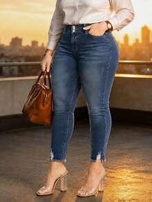 Plus Size High Waist 3-Button Slim Fit Denim Jeans, Tummy Control Stretch Blue Jeans Vacation Casual Fall - Blue - View 1