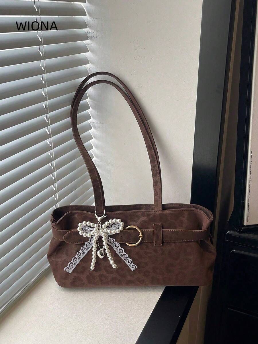 Vintage Commuter Textured Underarm Bag New Fashion Niche Handheld Shoulder Bag Personalized Minimalist Leopard Print Underarm Bag - Coffee - View 1