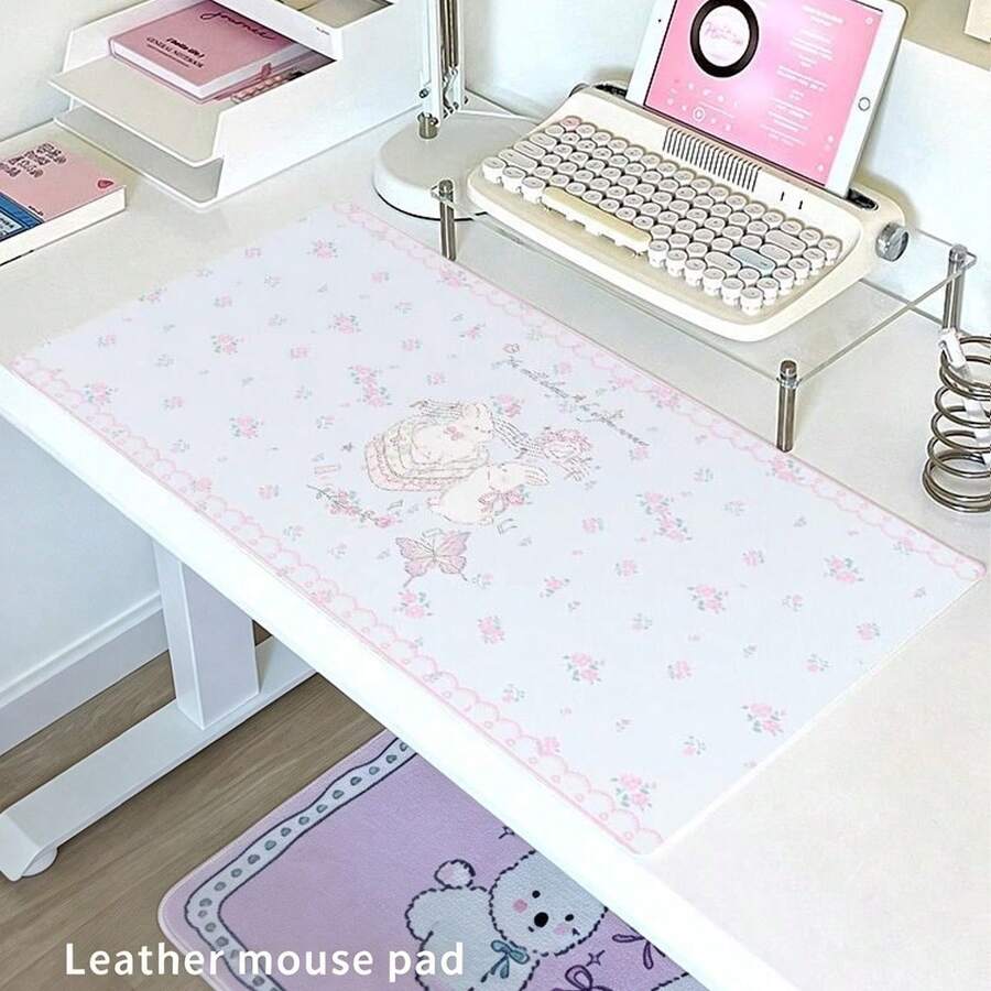 Leather Desk Mat, Floral Print Bunny Bear Tablecloth, Ins Style Japnese Korean Female Computer Desktop Gaming Mat, Office And Home Desk Keyboard Mat, Waterproof Anti Slip And Stain Resistant Mouse Pad - View 1