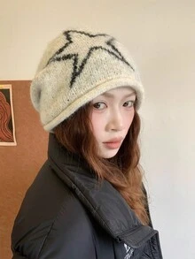 MESHUOKAI Punk Street Style Five-Point Star Print Knitted Beanie, Soft Warm Loose Knit Hat, Y2K Cyber Style Daily Outdoor Autumn Winter Headwear - Multicolor - View 11