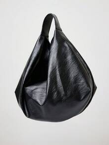 Black PU Leather Large Lazy Tote Bag, Autumn/Winter Street Style - Black - View 5