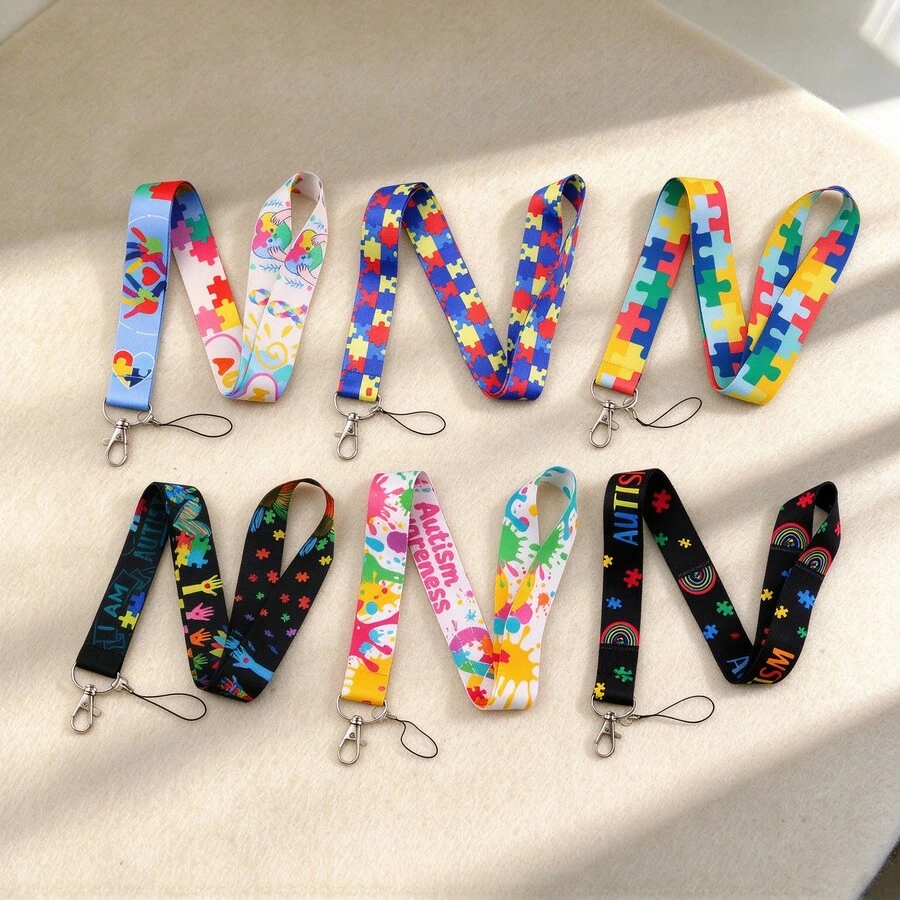 Colorful Puzzle Piece Autism Awareness Lanyard, Printed Neck Strap For Keys, Phone Lanyard ID Card Holder Strap For School Work, Lovely Gift - Multicolor - View 1