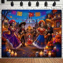 1pc 2D Flat Mexican Day Of The Dead Marigold Background Cloth, Polyester Material, Marigold And Skeleton Dance Design, Suitable For Day Of The Dead Memorial Party, Mexican Theme Event, Halloween Decoration And Party Setup - A - View 9