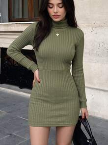 Vellofy Women Fall Winter Army Green Ribbed Knit Mini Dress Turtleneck Long Sleeve Ruched Bodycon Dress For Daily Dating Banquet Party Gathering - Green - View 1