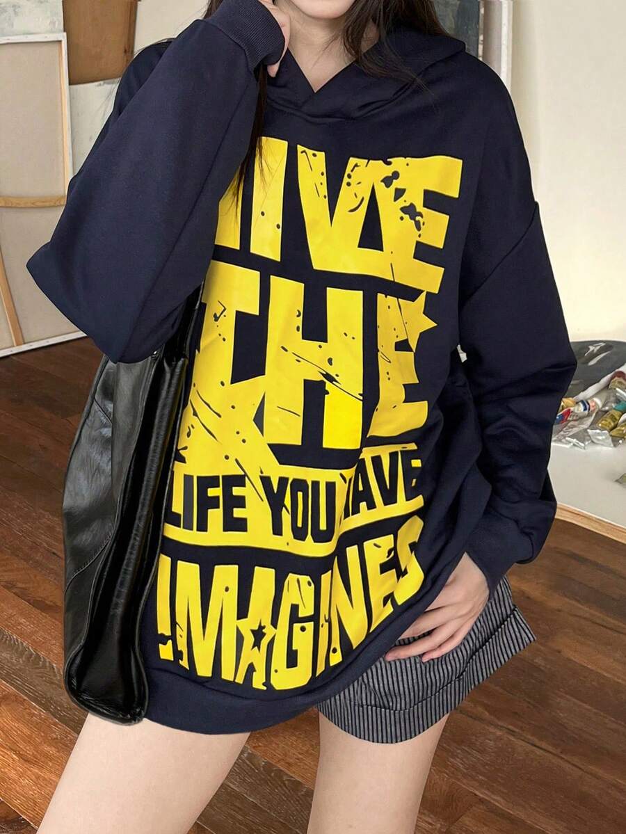 Navy Blue Letter Print Loose Fit American Vintage Style Pullover Hooded Sweatshirt For Women, Casual Lazy Look, Spring And Autumn - Navy Blue - View 1