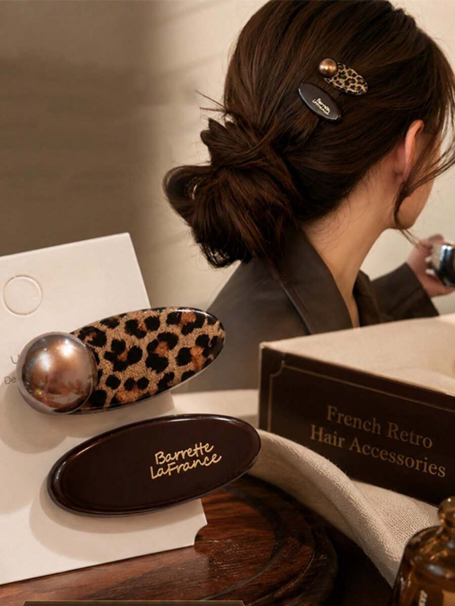 Autumn New Leopard Print Chocolate Color Alligator Hair Clip Korean Style Side Hair Fringe Clip Elegant High-End Straight Clip - Multicolor - View 1