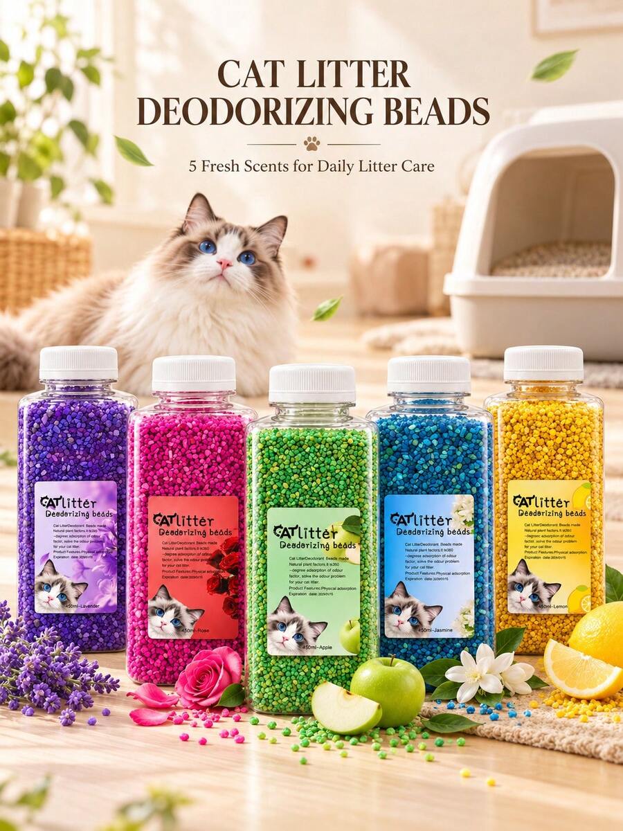 1瓶450ml貓砂除臭珠，長效貓砂盆異味控制與空氣清新產品，細緻除臭顆粒適用於豆腐砂、膨潤土砂、水晶砂、植物砂及混合貓砂，寵物除臭劑，貓咪用品，5種清新香氣