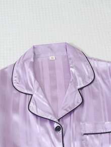 2 Pieces Satin Striped Pajama Set, Sweet & Cute Lapel Button-Up Long Sleeve Top And Pants, Women's Sleepwear And Loungewear For Home Use - Purple - View 4