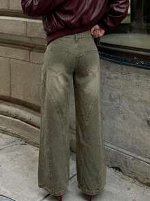 Y2K Retro Loose Straight Leg Jeans, Fashionable Casual Pants For Autumn/Winter - Dark Green - View 5