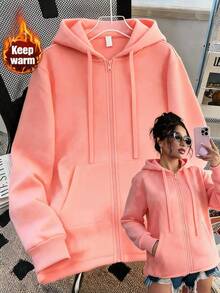Sudadera con capucha y cierre al frente larga, bolsas frontales, para mujer curvy, plus size, ideal para días fríos y casuales - Naranja Coral - Ver 2