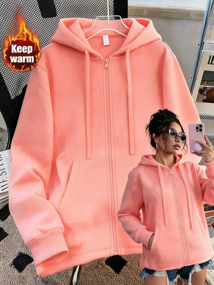 Sudadera con capucha y cierre al frente larga, bolsas frontales, para mujer curvy, plus size, ideal para días fríos y casuales